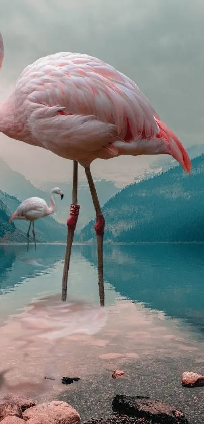 Elegant flamingos reflected in a tranquil mountain lake.