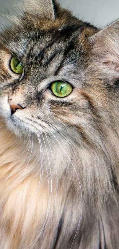 Majestic fluffy cat with green eyes in a striking portrait.