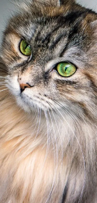 Majestic fluffy tabby cat with green eyes and soft fur.