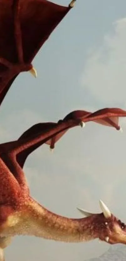 Red dragon soaring against a clear sky.