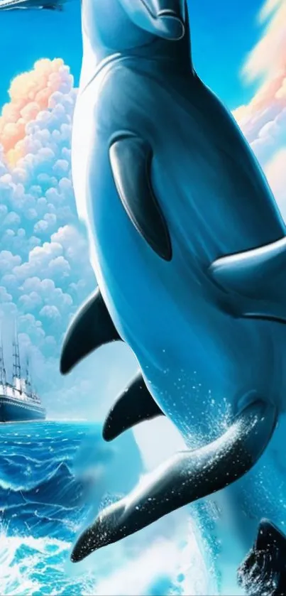 Flying shark soaring over ocean waves with vibrant sky backdrop.