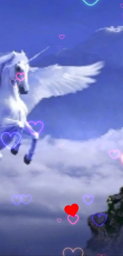 Majestic white unicorn flying through clouds with heart accents.