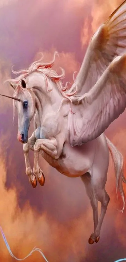 A majestic unicorn with wings flying in a colorful sky.