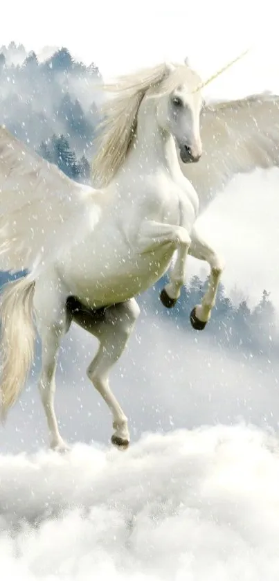 Majestic unicorn soaring through clouds and misty forest.