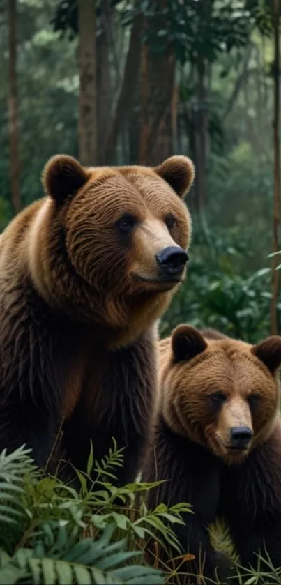 Two brown bears in a lush green forest scenery.