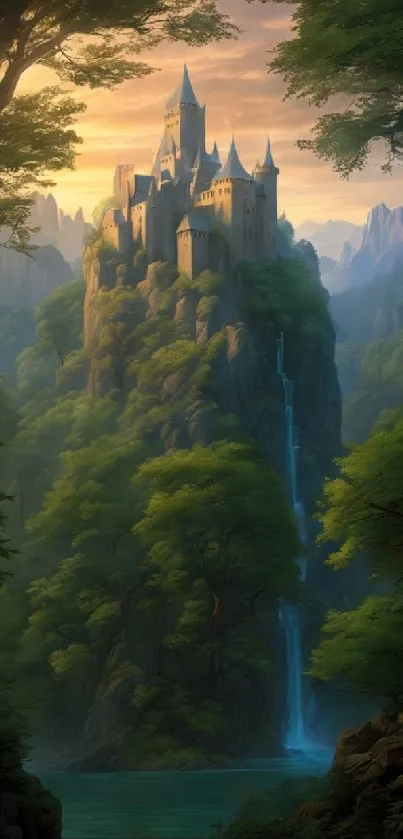 Majestic castle on lush forested mountain with waterfall at sunset.