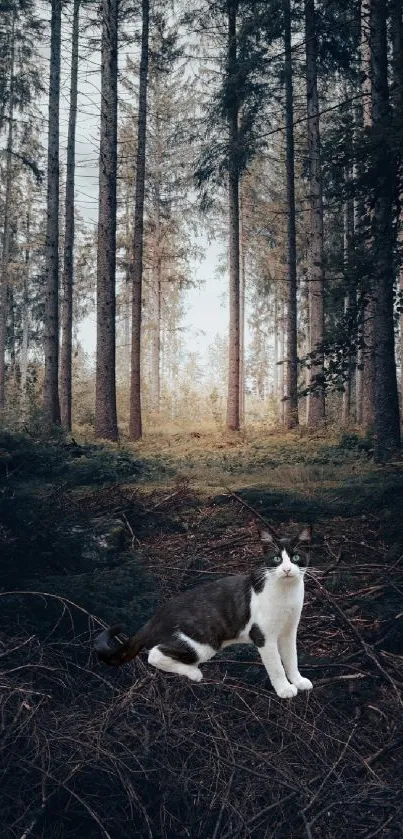 Cat sitting in a mystical forest setting, surrounded by tall trees.