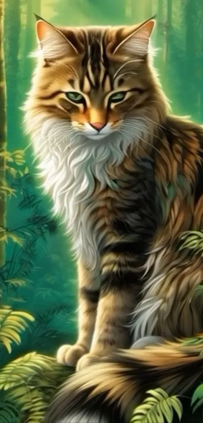 Majestic feline sitting in a lush green forest setting.