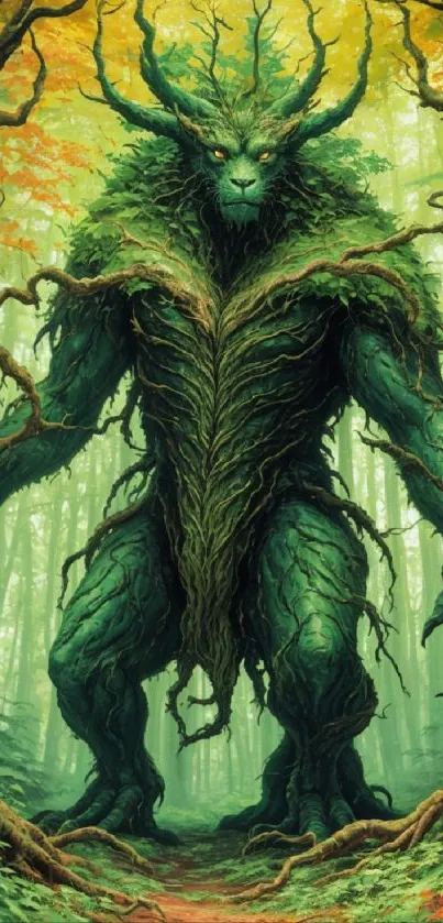 Majestic green forest creature in a lush environment, exuding fantasy and wonder.