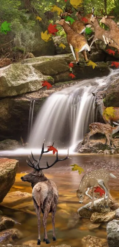 Forest scene with deer and waterfall, showcasing natural beauty.