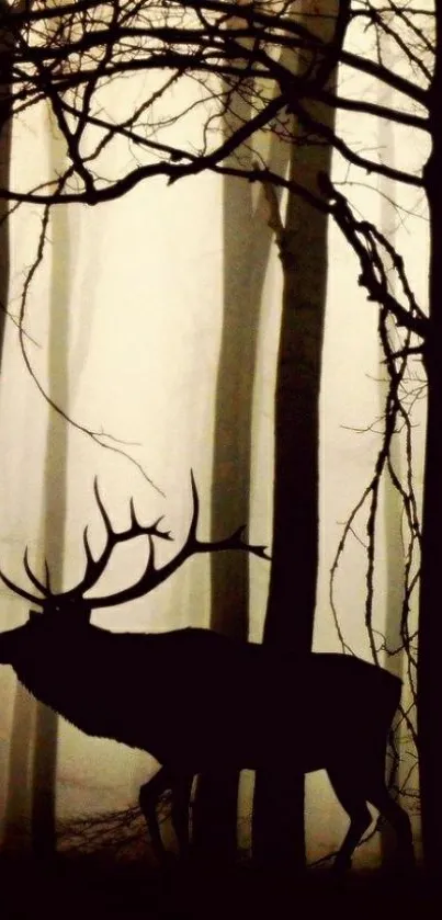 Deer silhouette in foggy forest with trees.