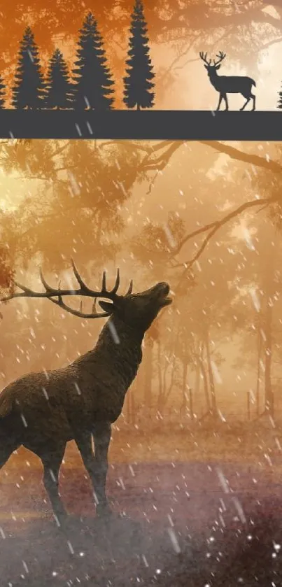 Majestic deer in an enchanted forest with warm golden hues.