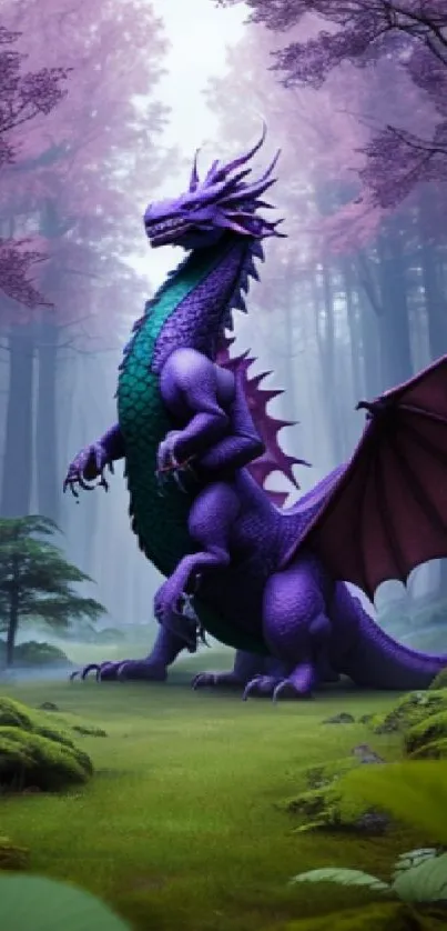 Purple dragon majestically strides through a mystical forest setting.