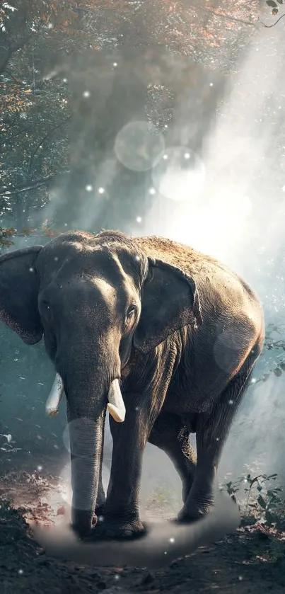 Elephant gracefully walking through a sunlit forest path.