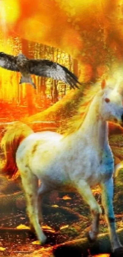 Majestic white horse in a vibrant autumn forest with a soaring hawk above.