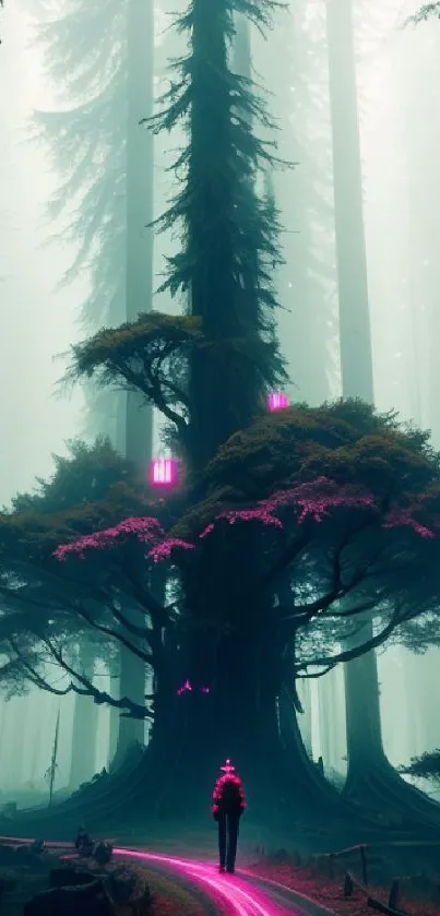 Mystical forest with neon pink pathway and towering trees in fog.