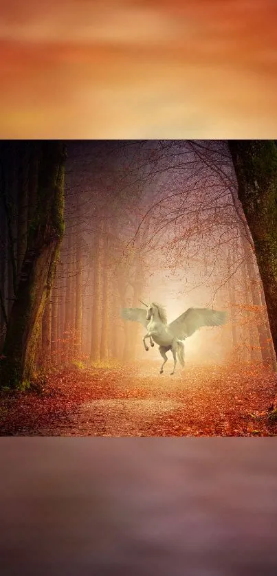 Pegasus flying in a mystical forest path with autumn colors.