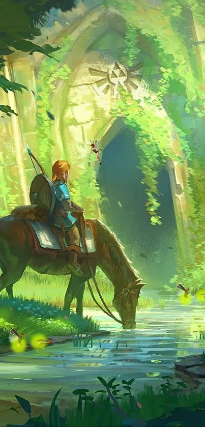 Fantasy forest wallpaper with horse and rider in lush green landscape.