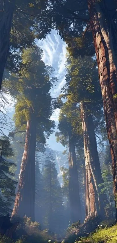 Tall redwoods in a misty forest with sunlight streaming through.