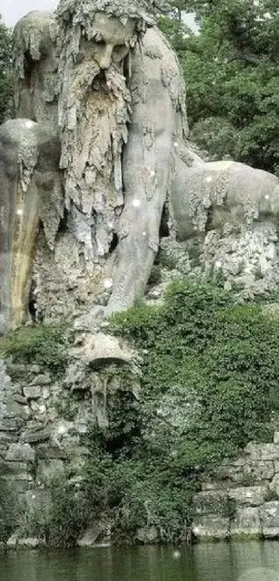 Ancient stone sculpture in lush green forest by the water.