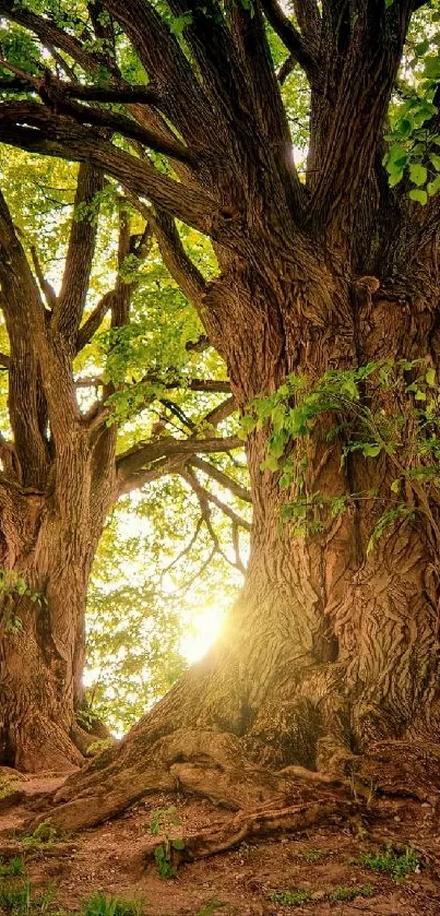 Majestic forest trees with sunlight streaming through leaves.