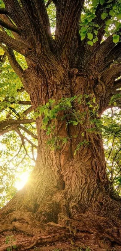 Majestic tree with sunlit leaves in a serene nature scene.