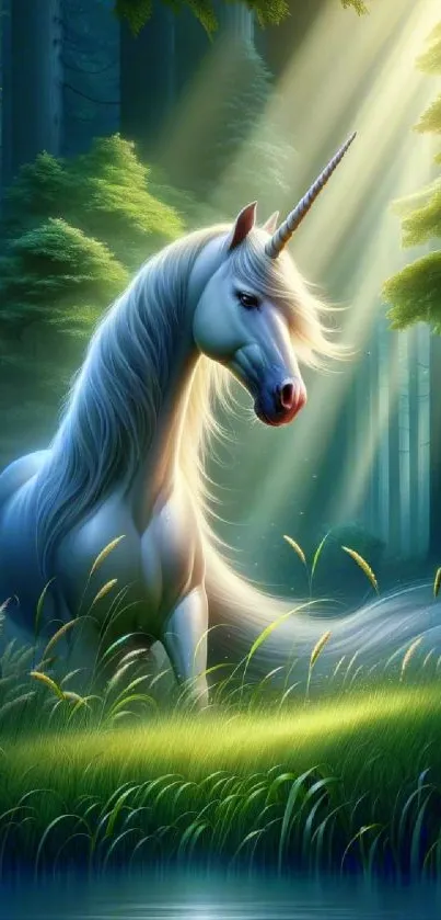 A unicorn in a lush, sunlit forest setting with vibrant greens and magical ambiance.