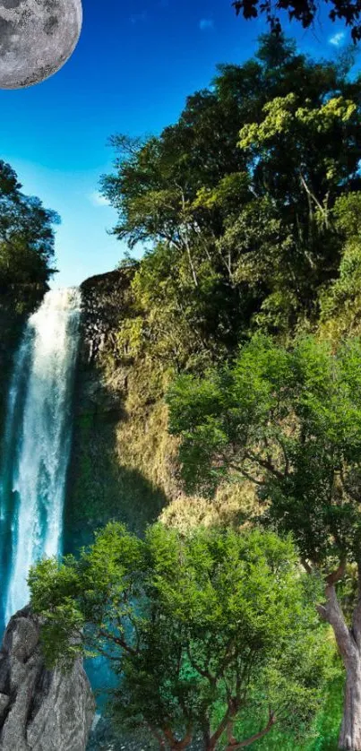 Forest waterfall under moonlight with lush greenery.