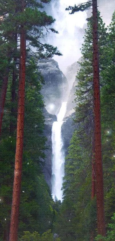 Majestic waterfall amidst tall pine trees in a lush green forest.