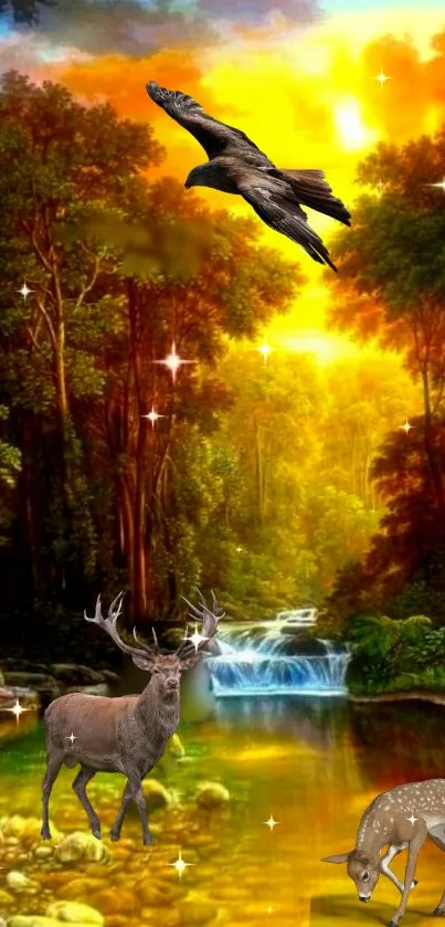 Majestic forest scene with deer and eagle over a waterfall.