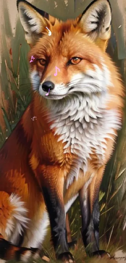 Illustrated fox in nature setting mobile wallpaper.