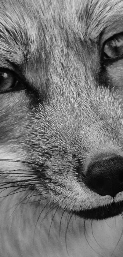 Black and white close-up of a fox's face, featuring elegant details.