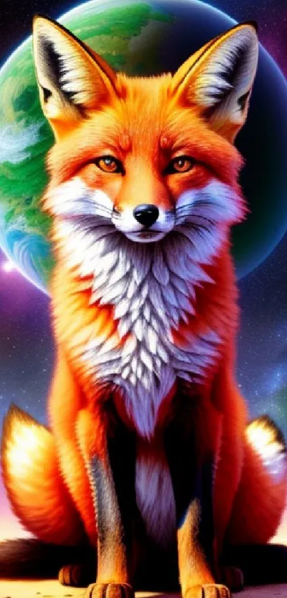 Majestic fox with cosmic planet background on a mobile wallpaper.