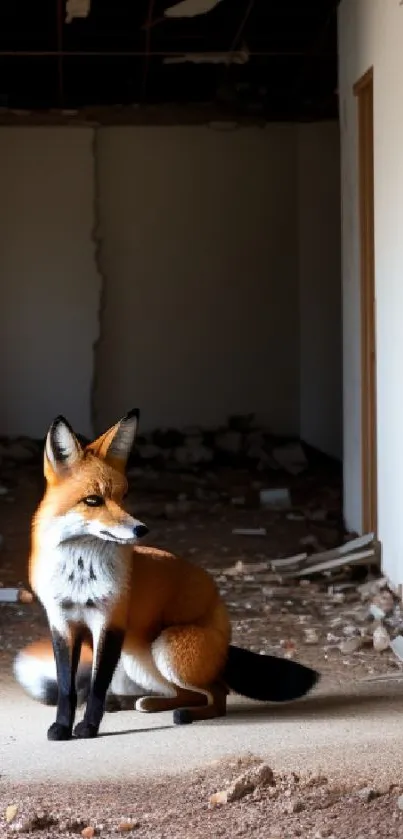 A fox sitting calmly in an abandoned building, surrounded by debris.