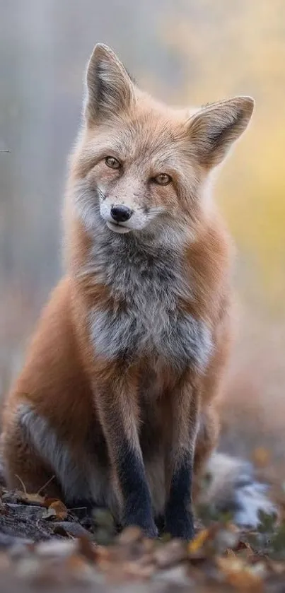 Majestic fox sitting in an autumn forest with a blurred background.