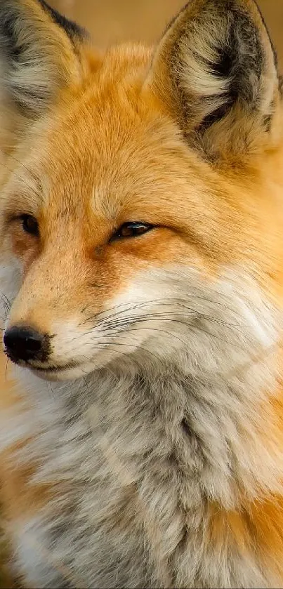 A majestic fox sits quietly against a golden autumn backdrop.