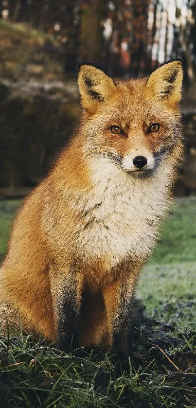 A striking red fox seated in a lush, autumn forest setting.