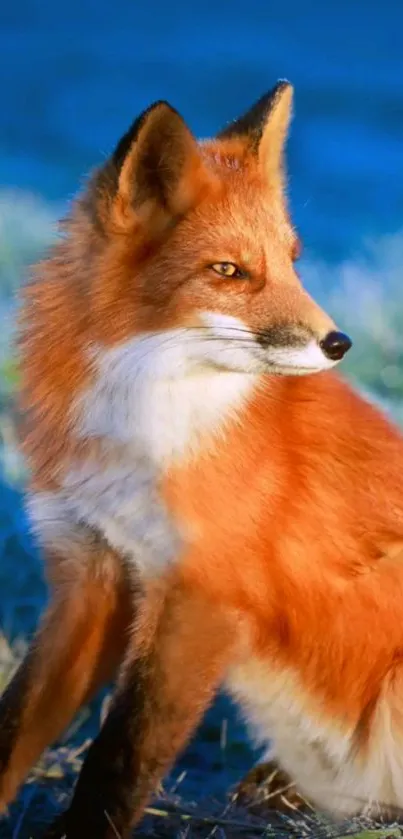 Majestic red fox with blue background wallpaper.