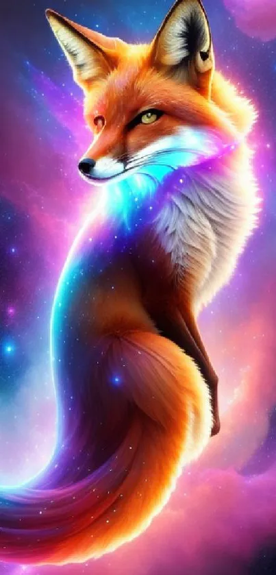 Majestic fox with cosmic hues in a vibrant galaxy background.