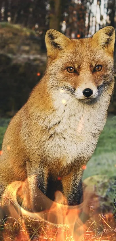 A majestic fox stands amid a fiery backdrop in the forest.