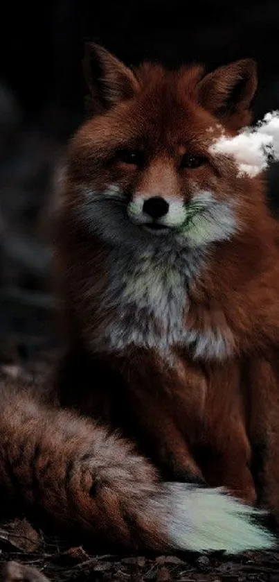 Majestic red fox sits in a dark forest, exuding serenity and elegance.