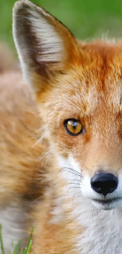 Close-up of a red fox lying on lush green grass.