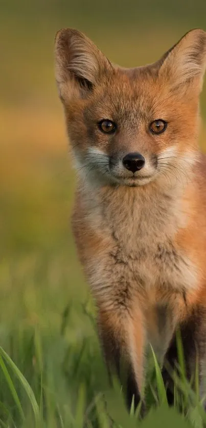 Majestic fox standing in a green field with a soft, blurred background.