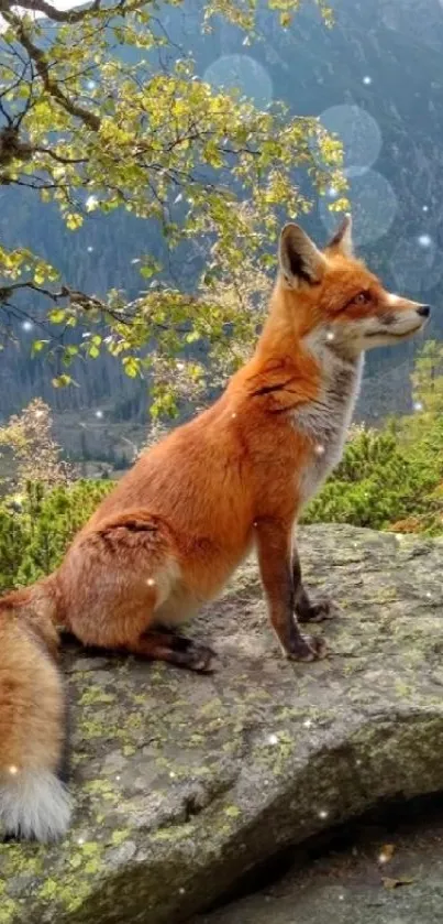 Majestic fox perched on rock in mountain landscape.