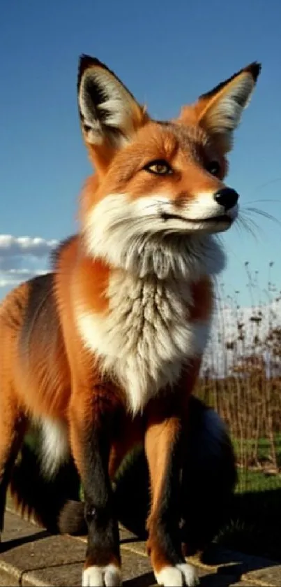 Majestic fox stands in a field under a blue sky, perfect mobile wallpaper.