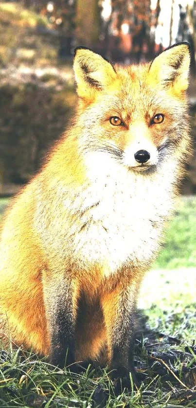 Orange fox sitting in snow on a bright winter day in the forest background.