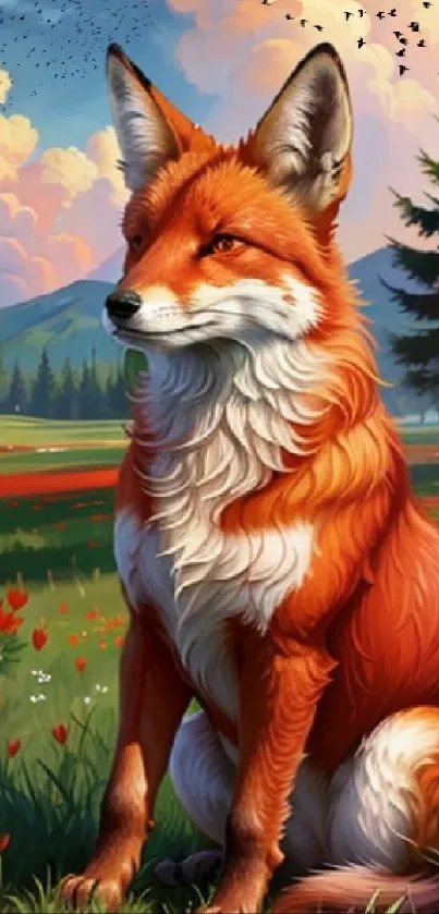 Artistic illustration of a fox in a colorful meadow with trees and flowers.