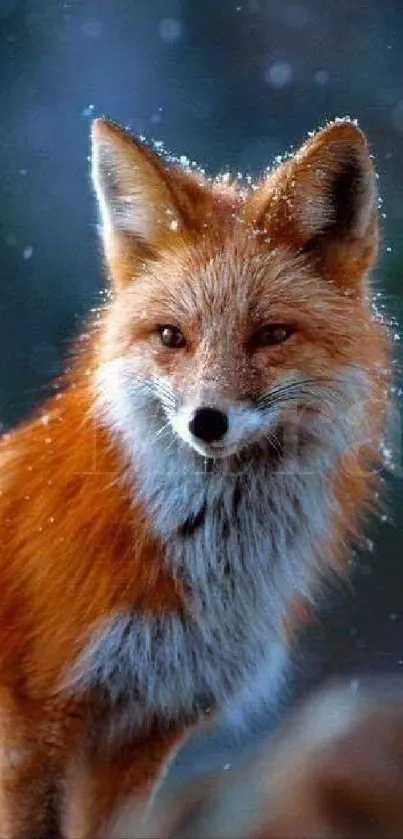 A majestic fox stands in a snowy winter landscape.