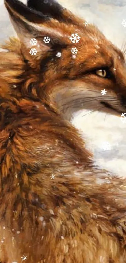 A beautiful fox in a snowy winter landscape painting.