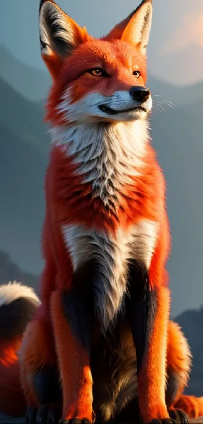 Majestic fox against mountain backdrop in vibrant mobile wallpaper.